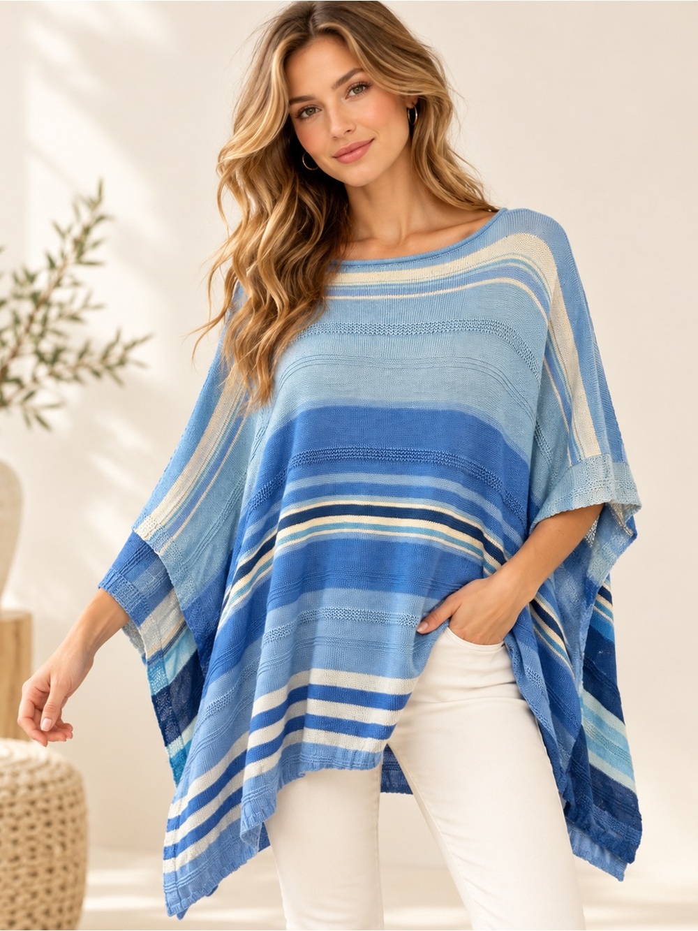 Lauren Ralph Lauren Blue Striped Knit Poncho Sweater One Size NWT